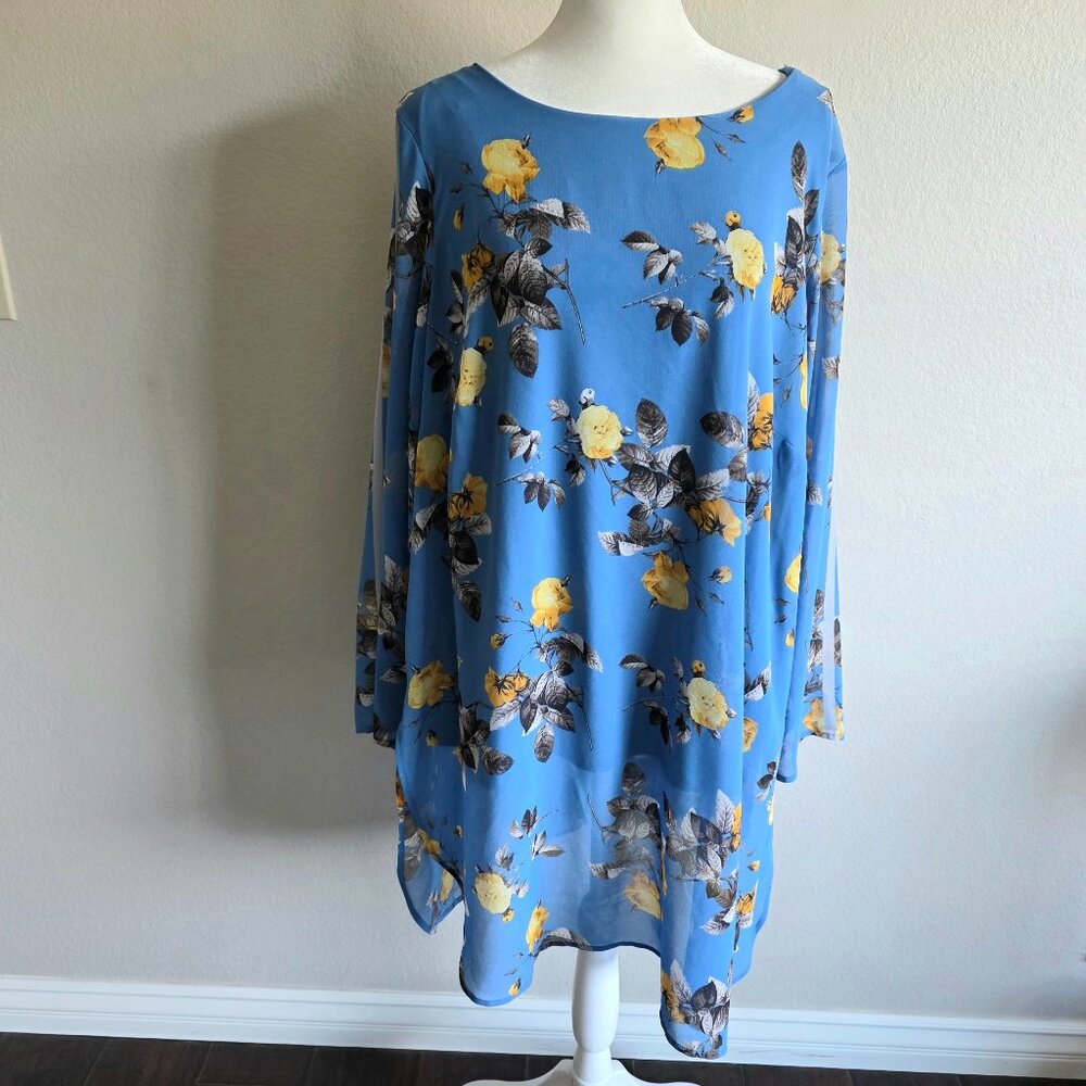 Alfani Top Blouse Tunic Women's Plus Size 2X Blue Yellow Floral Flowy Cami Under